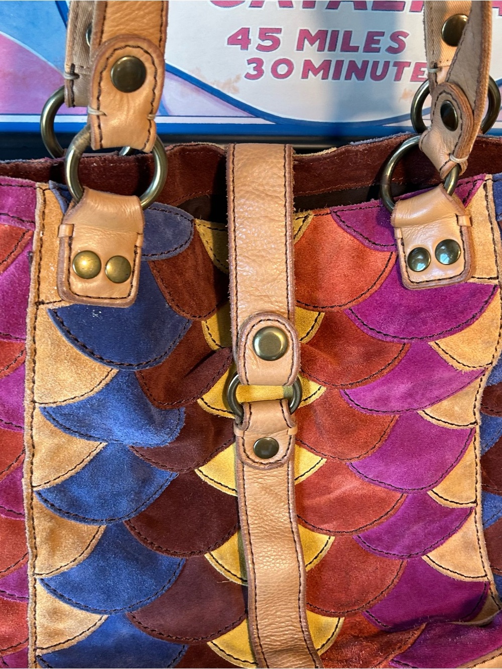 LUCKY BRAND MultiColor Scallop Patchwork Leather Shoulder Boho Tote - Picture 8 of 15